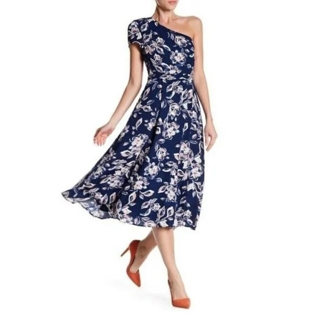 CHARLES HENRY Blue One Shoulder Dress Floral Midi Lined Size XS